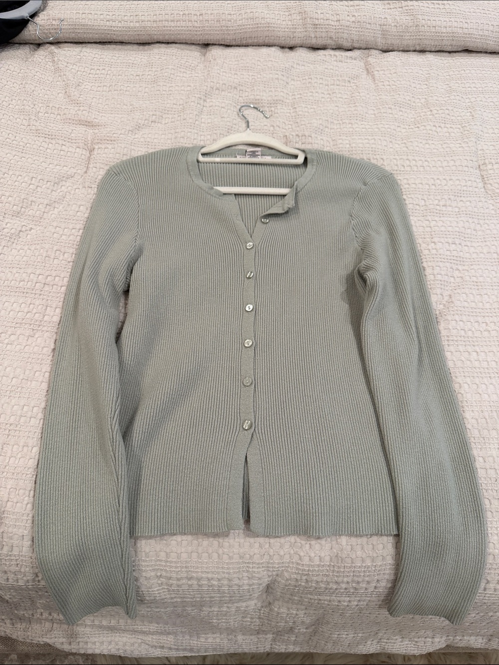 Light Sage Ribbed Button-Front Women's Sweater Cardigan